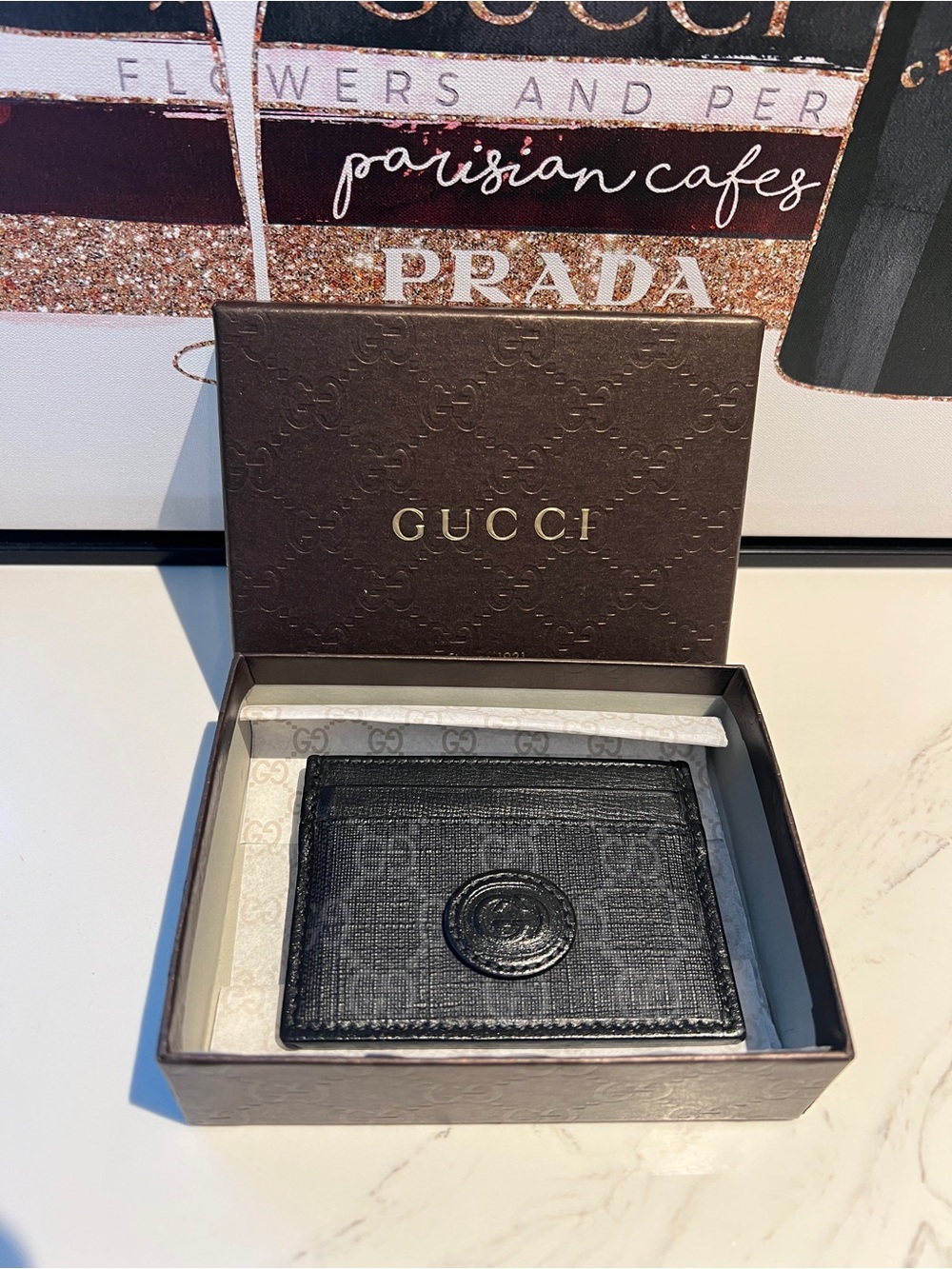 GUCCI Interlocking GG Supreme PVC Leather Black Card Case w/ Box